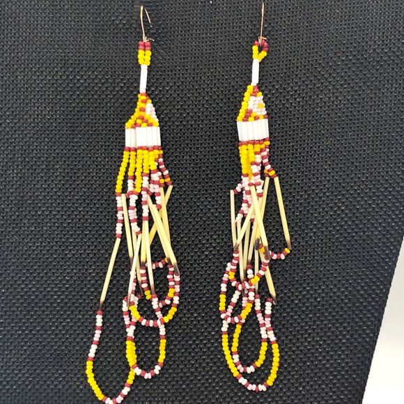 Beaded Drop Earrings Handmade Yellow Red Cream - Picture 7 of 7